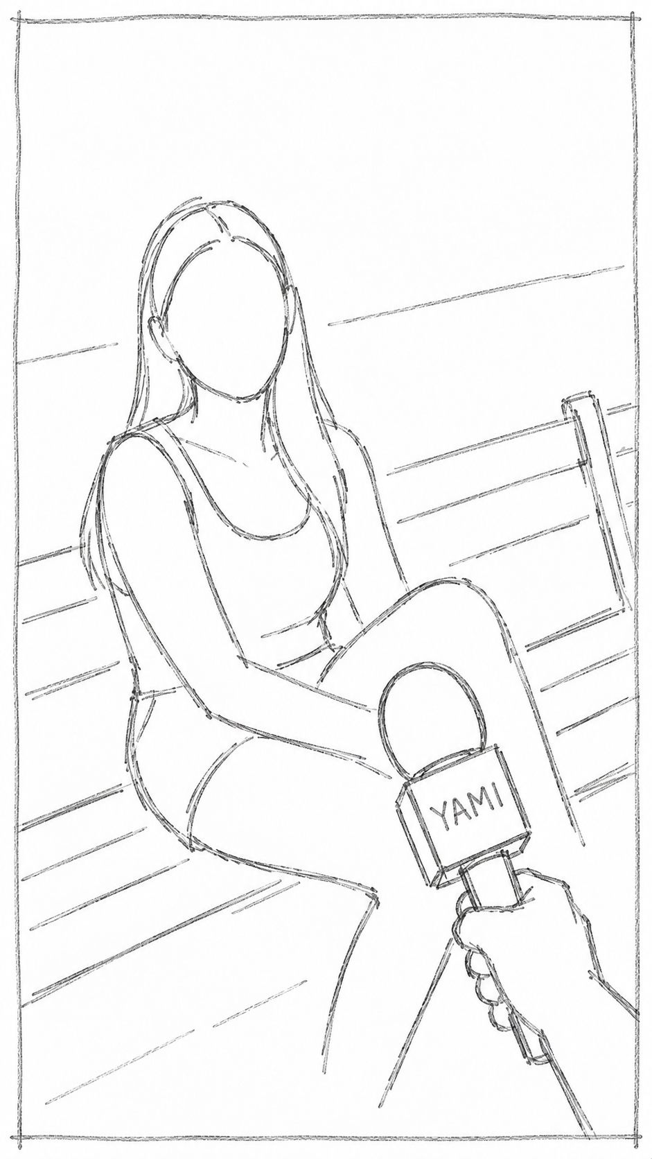 Host’s point of view, holding a Yami microphone towards a woman on a bench