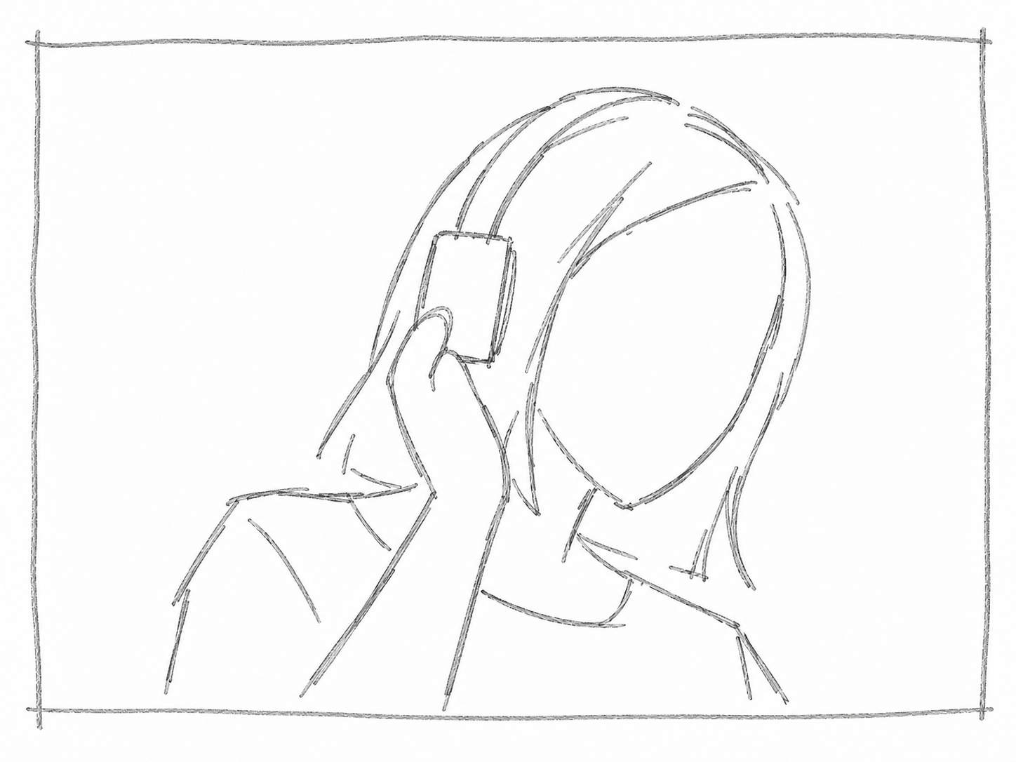 A listener touching the headphones and leaning into the music